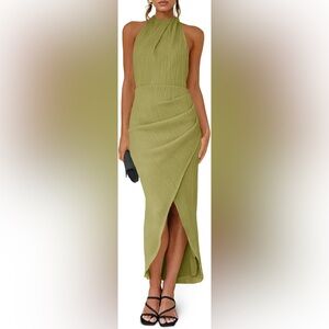 NWT- Womens L Olive Green Backless Halter Neck Midi cocktail dress/ Party Dress